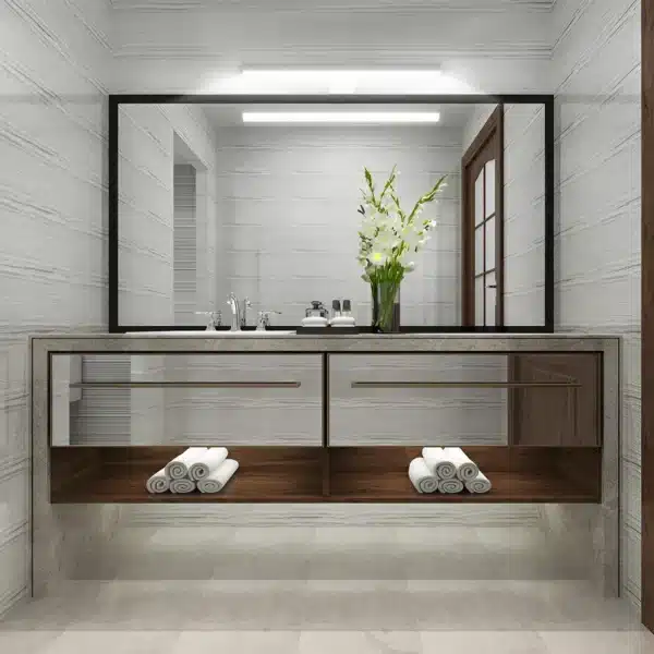 Applique LED moderne pour miroir de maquillage, fixée au-dessus d'un meuble de salle de bain avec un miroir gris.