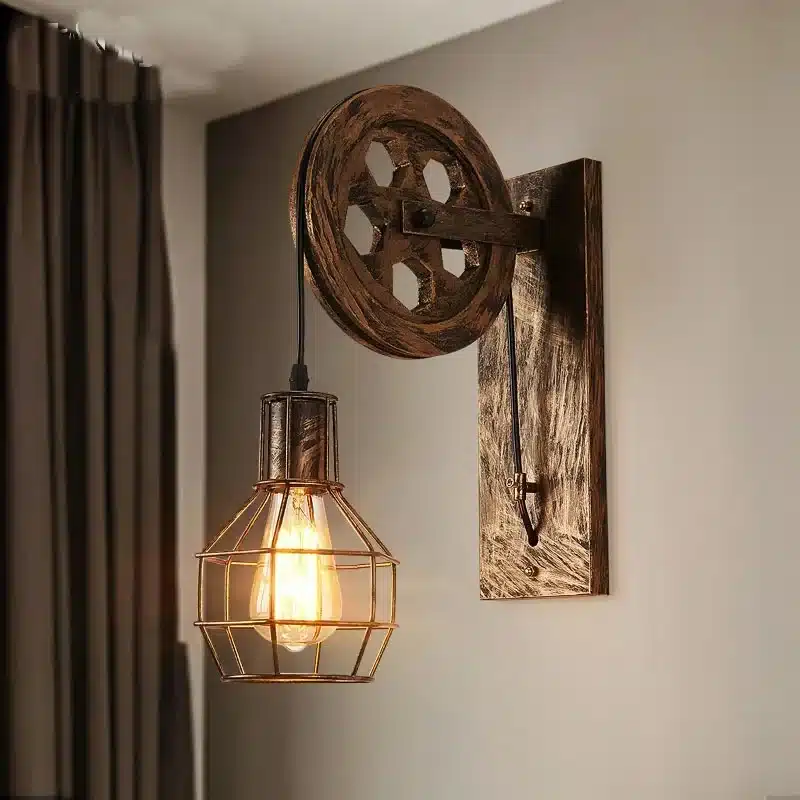 Applique murale LED rétro en bronze avec poulie pour une décoration intérieure industrielle