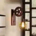 Applique murale LED rétro avec poulie en bois, style industriel américain marron