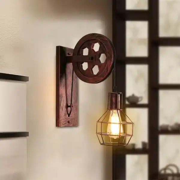 Applique murale LED rétro avec poulie en bois, style industriel américain marron
