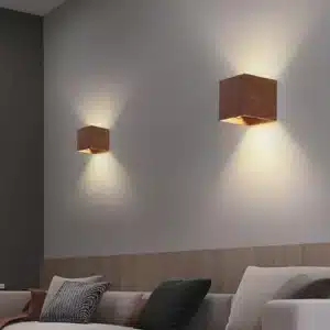 Applique murale LED moderne carrée en bois de noyer pour salon