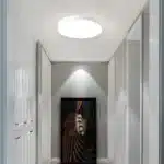 ue principale d'un plafonnier LED blanc minimaliste dans un espace de vie lumineux.