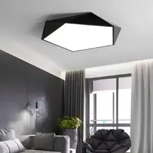 Plafonnier LED hexagonal noir pour salon.