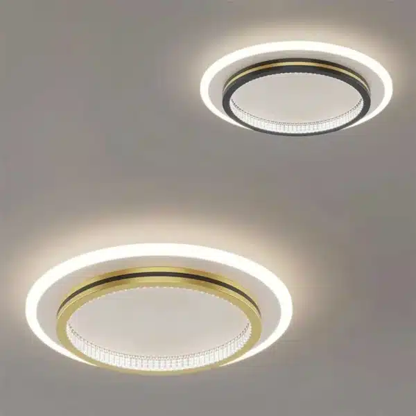 Plafonnier LED rond en fer forgé et acrylique noir, suspendu au plafond d'un salon, diffusant une lumière claire et moderne
