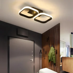 Plafonnier LED avec deux carrés lumineux noirs pour salon moderne.